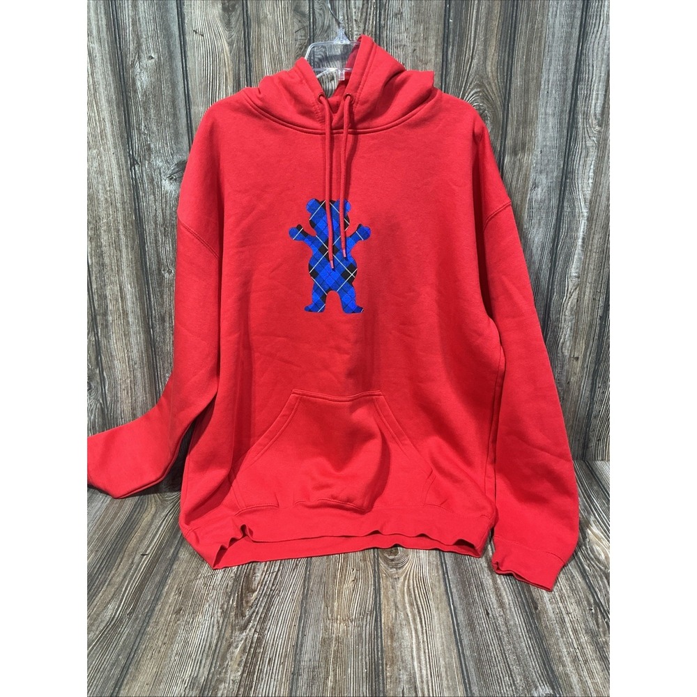 Grizzly Griptape Hoodie Mens XL X-Large Red Plaid Bear Logo Skateboarding Skate